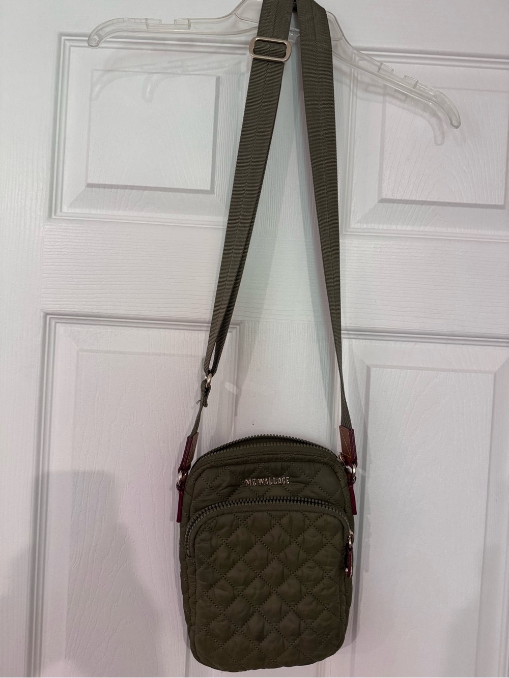 MZ Wallace Olive Quilted Crossbody with Brown Trim